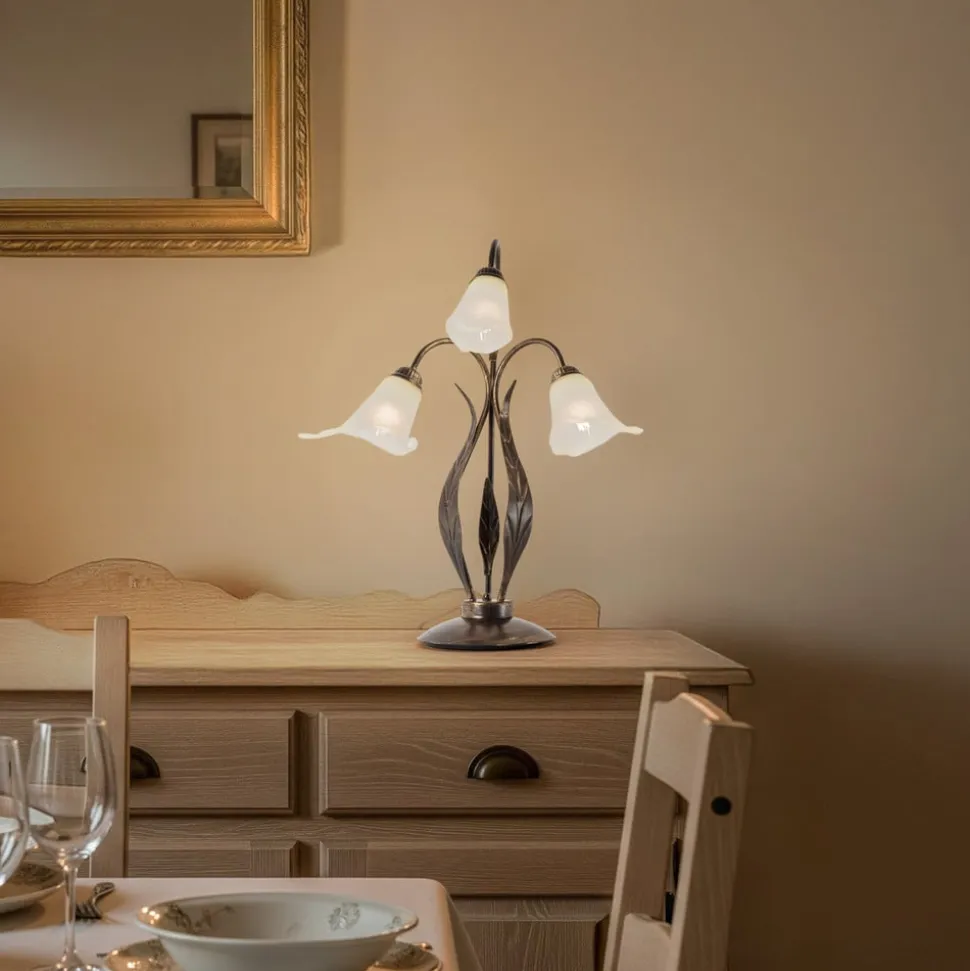 Alga bordlampe, 3 lyskilder, jern, glas, florentinsk