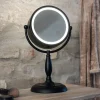 Ansigtsbordspejl med lys, sort, metal, højde 36 cm
