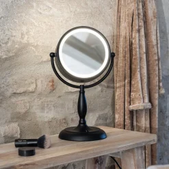 Ansigtsbordspejl med lys, sort, metal, højde 36 cm