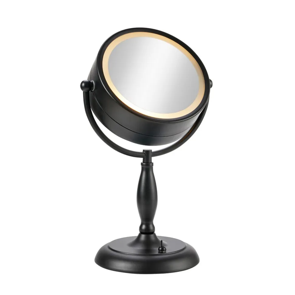 Ansigtsbordspejl med lys, sort, metal, højde 36 cm