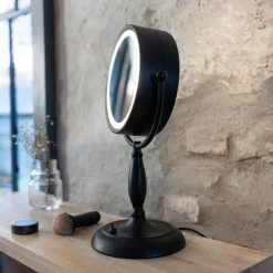 Ansigtsbordspejl med lys, sort, metal, højde 36 cm