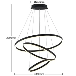 Arcchio LED-hængelampe Albiona, sort, 3 ringe, Ø 80 cm