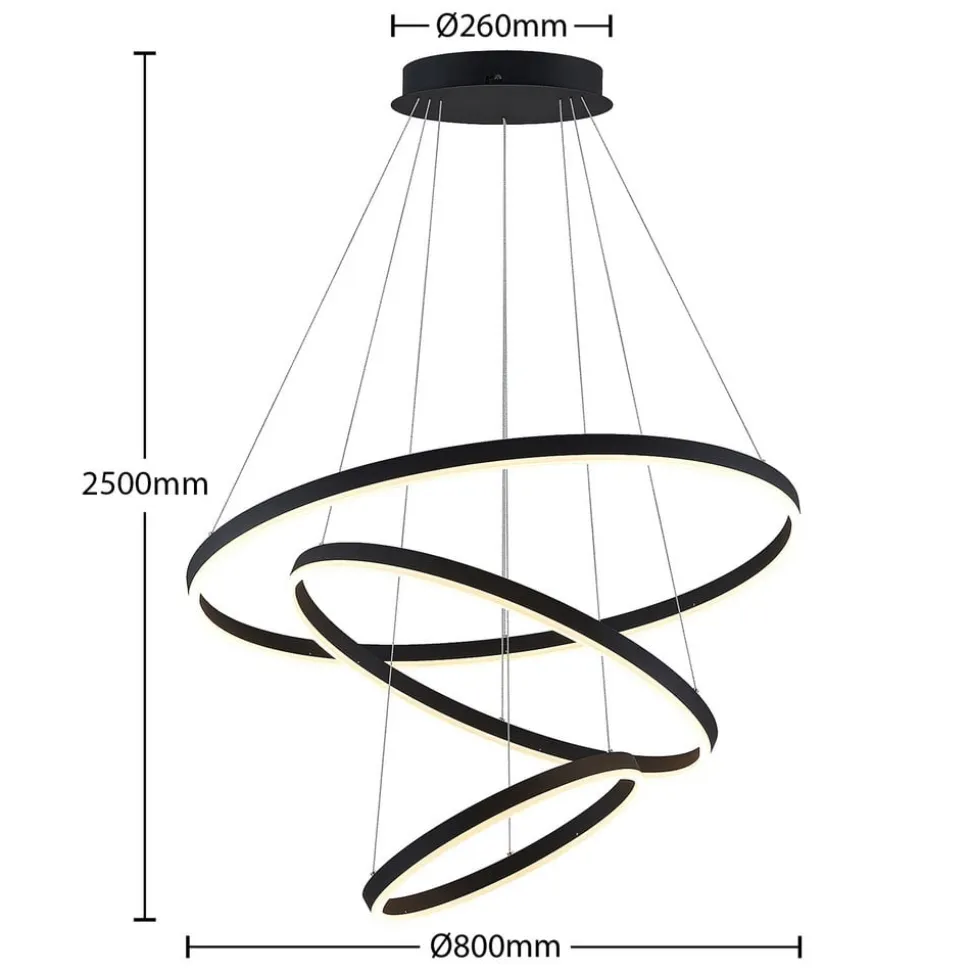 Arcchio LED-hængelampe Albiona, sort, 3 ringe, Ø 80 cm
