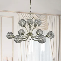 Bellis II lysekrone, antik messingfarvet, glas, 9 lyskilder, G9