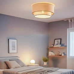 Boho loftlampe, rattan, beige/sort