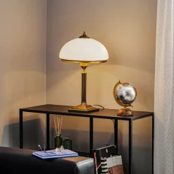 Bordlampe Petro, glas, antik messingfarve, højde 50 cm