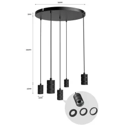 Calex Retro pendellampe, rund, 5 lyskilder, sort