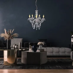 Cecilia lysekrone, krom, jern/akryl, Ø 52 cm, 5 lyskilder.