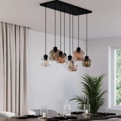 Cubus hængelampe, 85 cm, 8 lyskilder, klar/honning/brun, glas