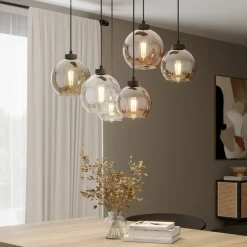 Cubus hængelampe, 74 cm, 6 lyskilder, klar/honning/brun, glas