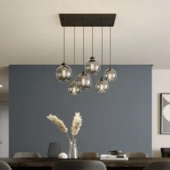 Cubus hængelampe, røggrå, glas, 74 cm lang, 6 lyskilder