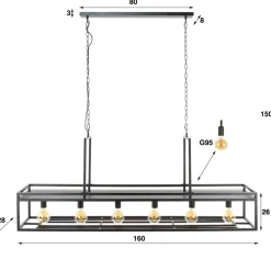 Dekorla hængelampe, 6 lyskilder, kulfarvet