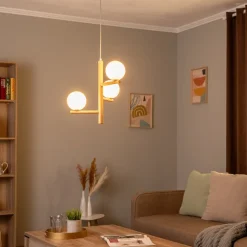 Estera hængelampe, opalglas, træ, 3 lyskilder