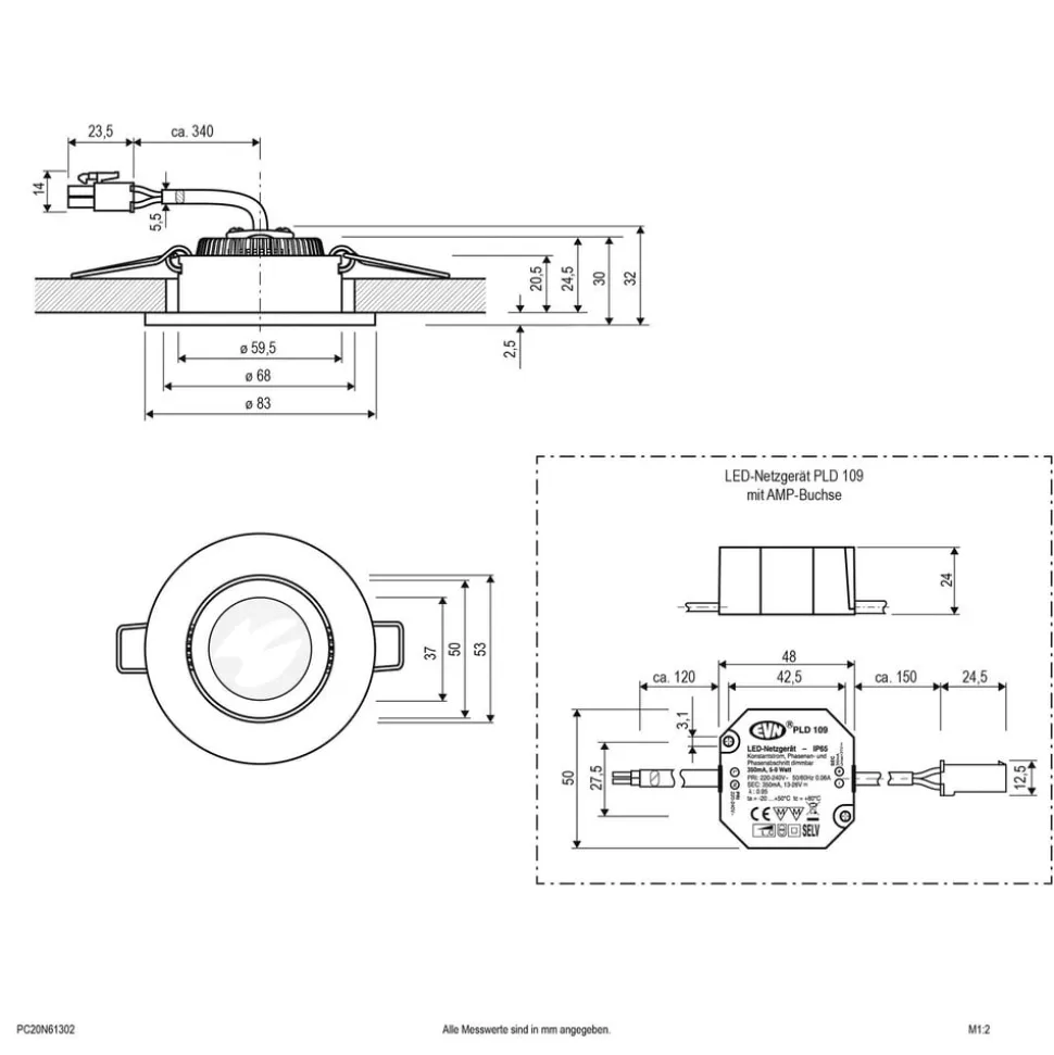 EVN PC20 indbygningslampe, fasedæmper 3.000 K stål