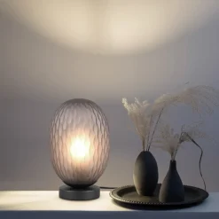 Facette bordlampe, røgfarvet grå, højde 29 cm, glas, E27