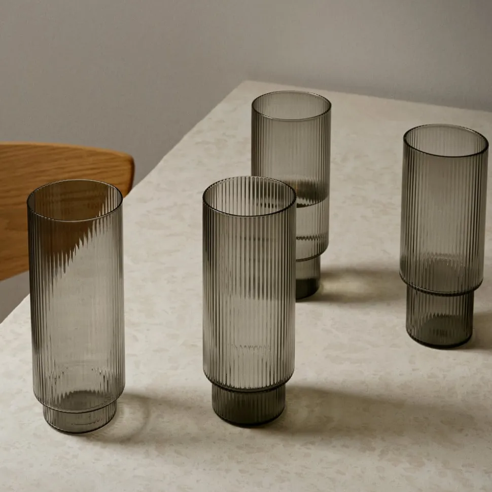 ferm LIVING Longdrink-glas Ripple, grå, 300 ml, glas, sæt med 4 stk