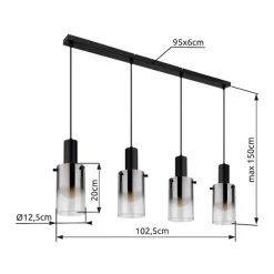 Florentina hængelampe, længde 103 cm, røggrå, glas, 4 lyskilder.