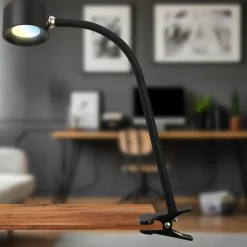 Genopladelig klemmelampe Tari, sort, CCT, touchdæmper, USB