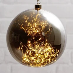 Glow LED-dekokugle af glas, Ø 20 cm, røggrå