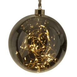 Glow LED-dekokugle af glas, Ø 15 cm, røggrå