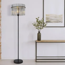 Gorley gulvlampe, højde 152 cm, røggrå, glas/metal