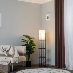 Gulvlampe 8111 sort, hylde, stofskærm hvid