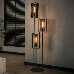 Gulvlampe Alma, 3 lyskilder, sort, metal, drejelig netskærm