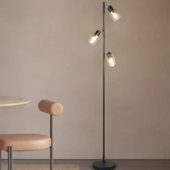 Gulvlampe Cadiz, sort/ravfarvet, 3 lyskilder, højde 154 cm