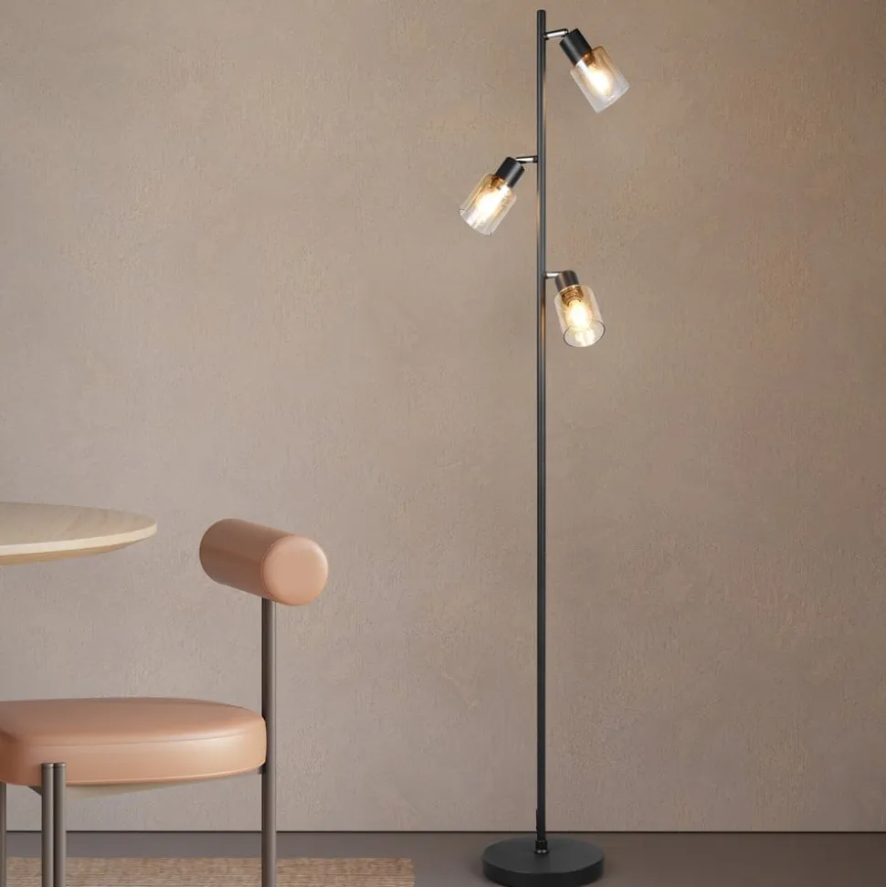 Gulvlampe Cadiz, sort/ravfarvet, 3 lyskilder, højde 154 cm