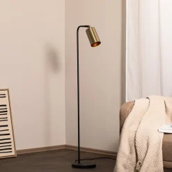 Gulvlampe Emek 4081, sort, skærm i antik guld