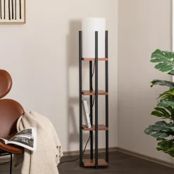 Gulvlampe Shelf, sort/kobber, stof, højde 130 cm, E27