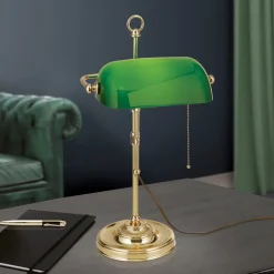 Harvard banklampe med trækafbryder, messing/grøn