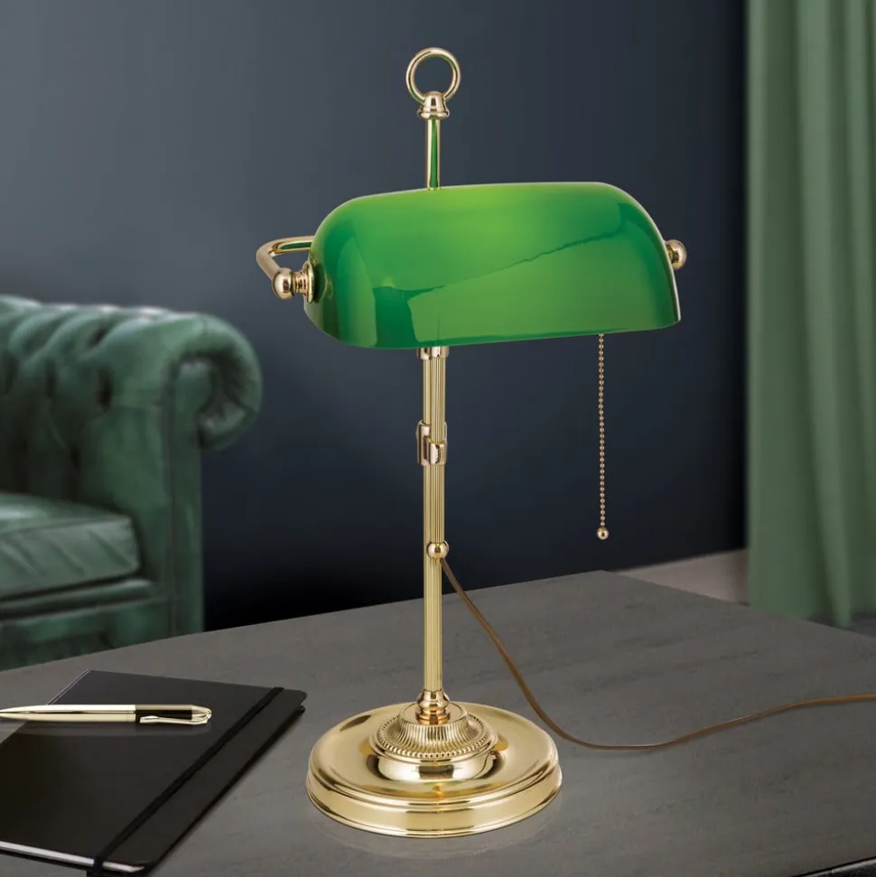 Harvard banklampe med trækafbryder, messing/grøn