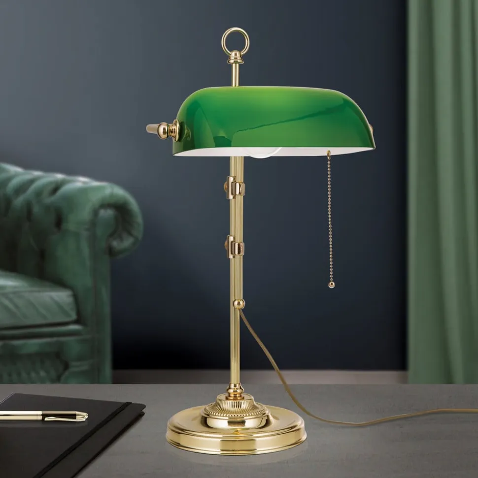 Harvard banklampe med trækafbryder, messing/grøn