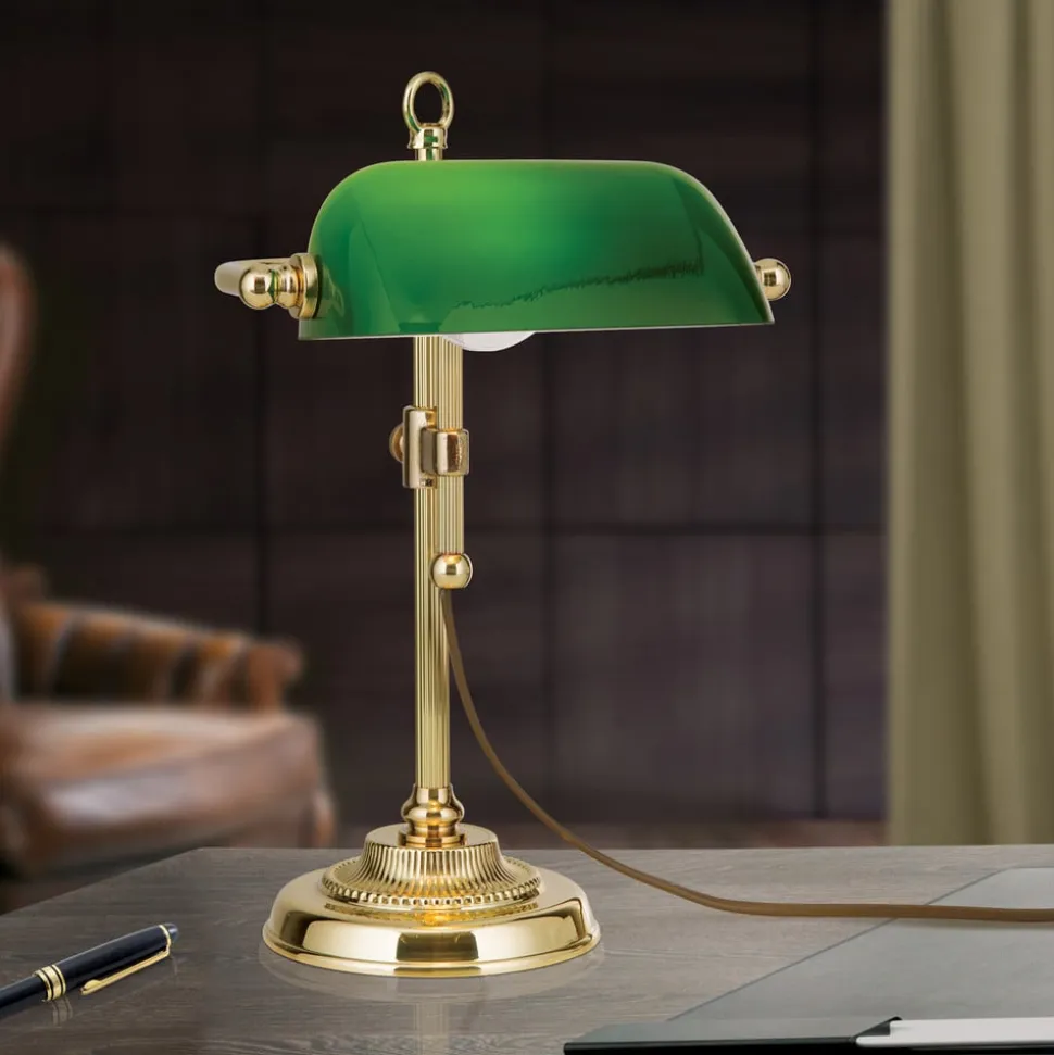 Harvard banklampe, messing/grøn, højde 32 cm