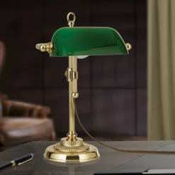 Harvard banklampe, messing/grøn, højde 32 cm