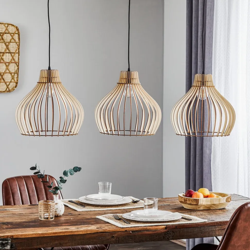 Hængelampe Barrel med træskærme, 3 lyskilder, lang