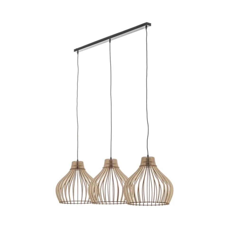 Hængelampe Barrel med træskærme, 3 lyskilder, lang