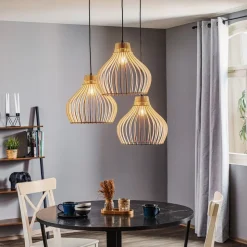 Hængelampe Barrel med træskærme, 3 lyskilder, rund