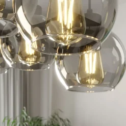 Hængelampe Cubus, 95 cm lang, 8 lyskilder, røggrå, glas