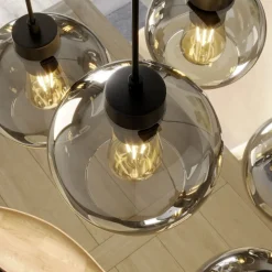 Hængelampe Cubus, 95 cm lang, 8 lyskilder, røggrå, glas