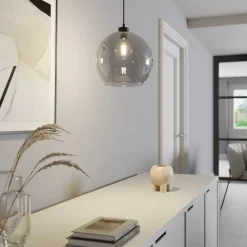 Hængelampe Cubus, røggrå, glas, Ø 30 cm, E27