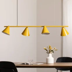 Hængelampe form 4, gul, metal, 4 lyskilder, kegle, E27