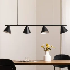 Hængelampe form 4, sort, metal, 4 lyskilder, kegle, E27