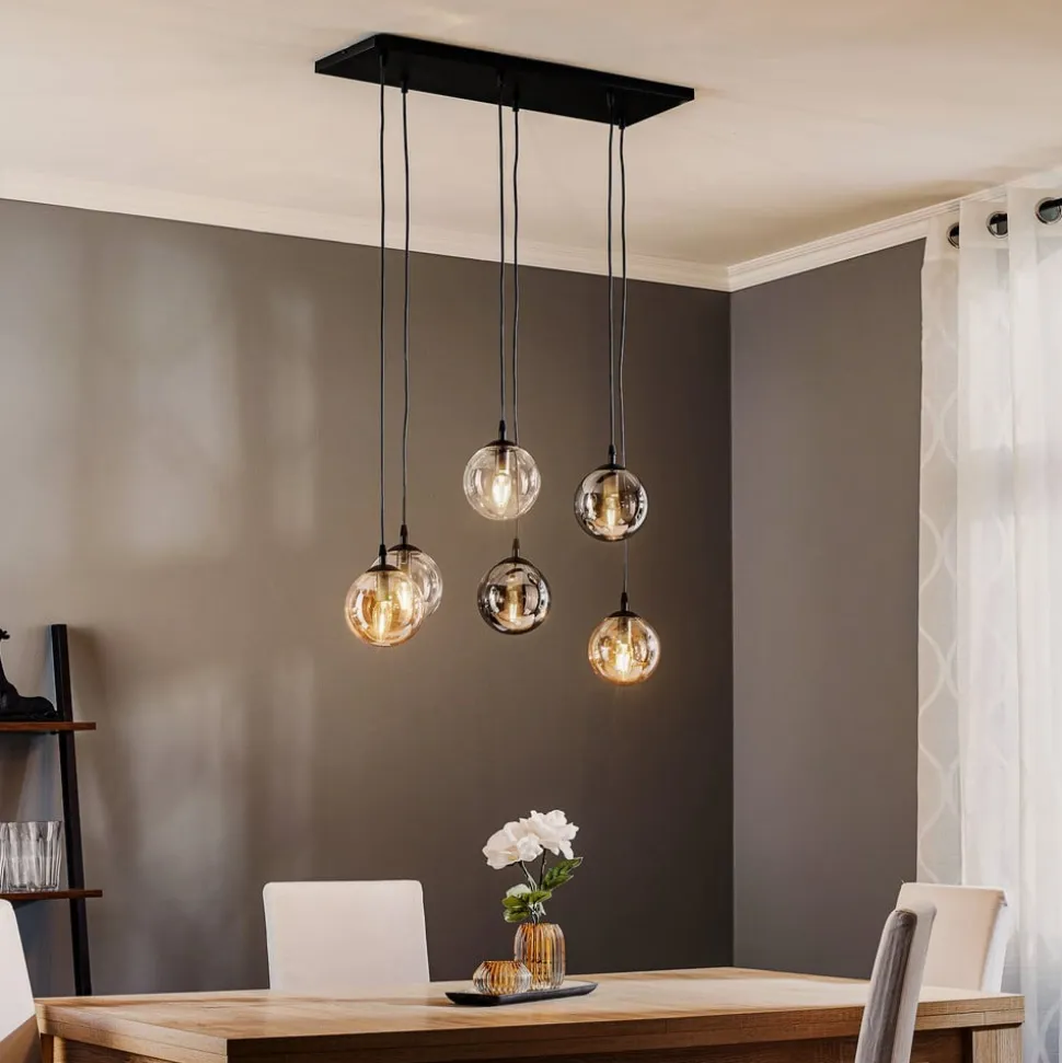 Hængelampe Glassy, 6 lyskilder, grafit/amber/klar, glas, 75 cm