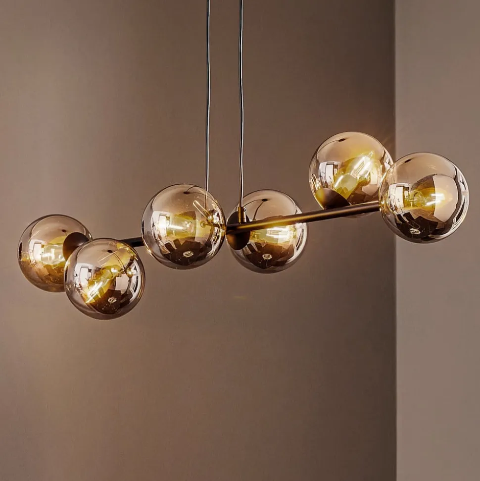 Hængelampe Glassy, 6 lyskilder, sort, grafit, glas, 110 cm