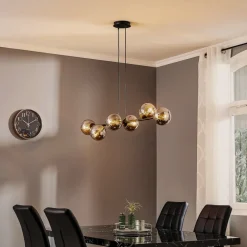 Hængelampe Glassy, 6 lyskilder, sort, grafit, glas, 110 cm