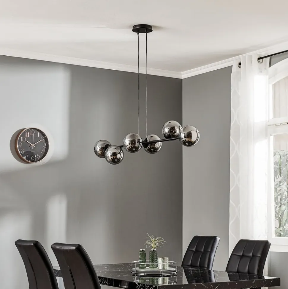 Hængelampe Glassy, 6 lyskilder, sort, grafit, glas, 110 cm