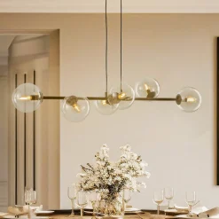 Hængelampe Glassy, 6 lyskilder, sort, klar, glas, 110 cm