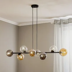 Hængelampe Glassy, 8 lyskilder, sort, grafit/amber/klar